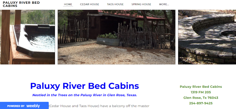 Homepage of Paluxy River Bed Cabins /
Link: http://paluxyriverbedcabins.weebly.com/