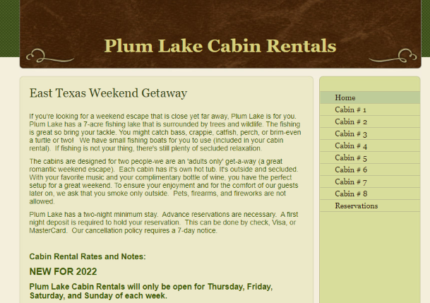 Homepage of Plum Lake Cabin Rentals / 
Link: http://www.plumlake.com/