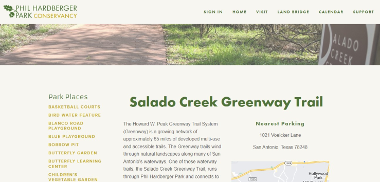 Homepage of Philhardberger Park Conservancy, showcasing Salado Creek Greenway Trail /
Link: https://www.philhardbergerpark.org/salado-creek-greenway-trailhead