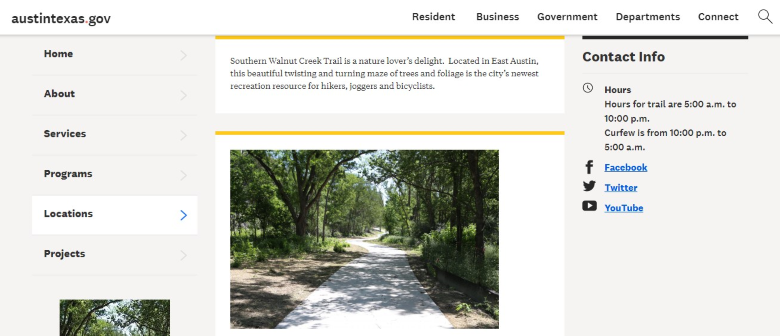 Homepage of Austin Texas, showcasing Southern Walnut Creek / 
Link: https://www.austintexas.gov/department/southern-walnut-creek-trail