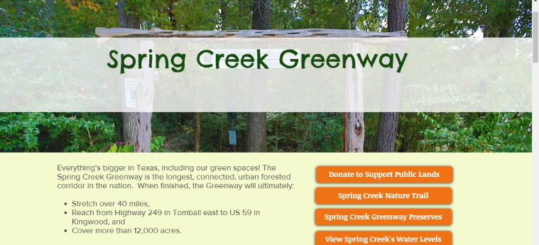 Homepage of Bayou Land Conservancy, showcasing Spring Creek Greenway /
Link: https://www.bayoulandconservancy.org/spring-creek-greenway