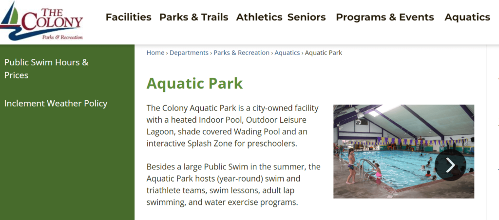Homepage of The Colony Aquatic Park / https://www.thecolonytx.gov/286/Aquatic-Park