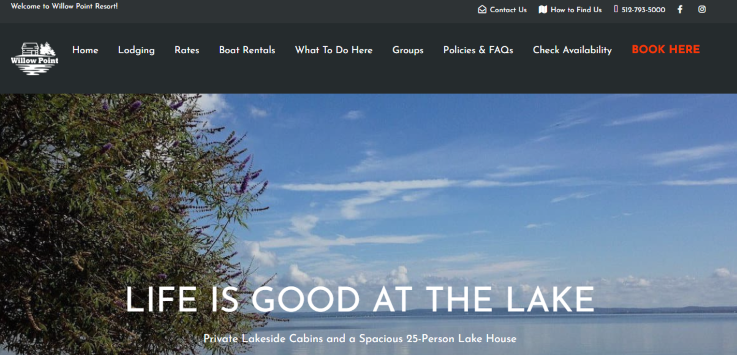 Homepage of Willow Point Resort / 
Link: https://willowpointresort.com/