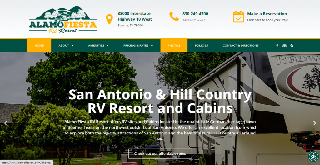 Homepage of Alamo Fiesta RV Resort / https://www.alamofiestarv.com