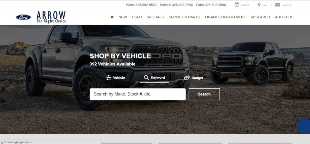 Homepage of Arrow Ford Abilene Dealership
Link: https://www.arrowford.net/