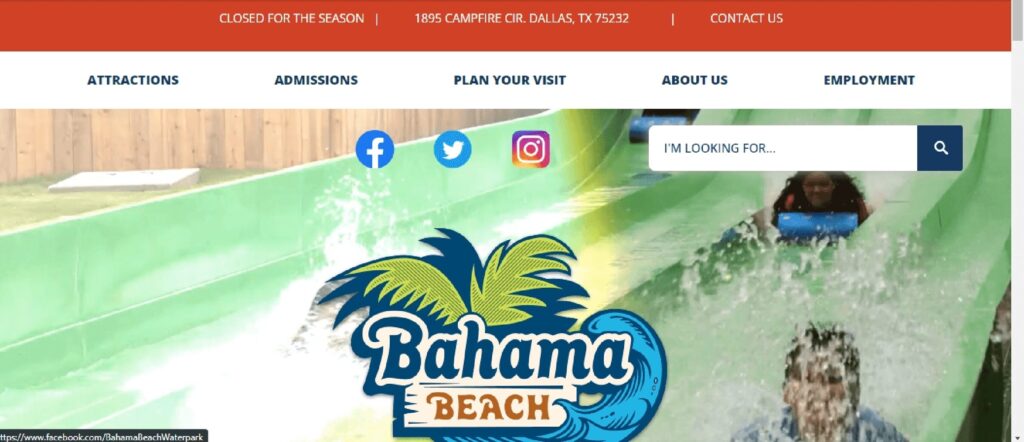 Homepage of Bahama Beach Family Waterpark
Link: https://www.bahamabeachdallas.com/