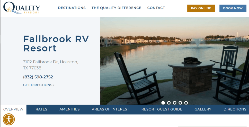 Homepage of Fallbrook RV Resort / https://www.qualityrvresorts.com/destinations/houston/fallbrook-rv-resort
