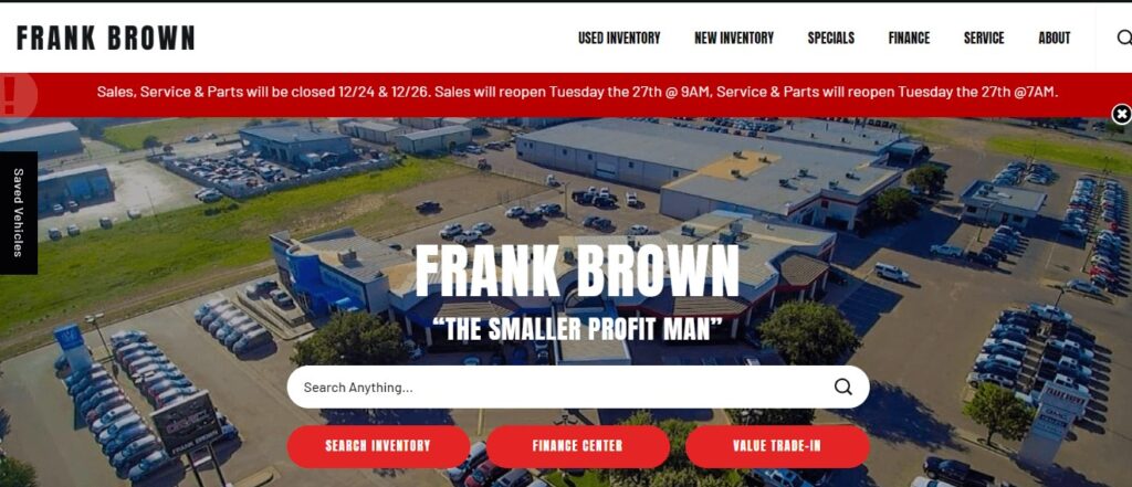 Homepage of Frank Brown car Dealership website
Link: https://www.frankbrown.com/