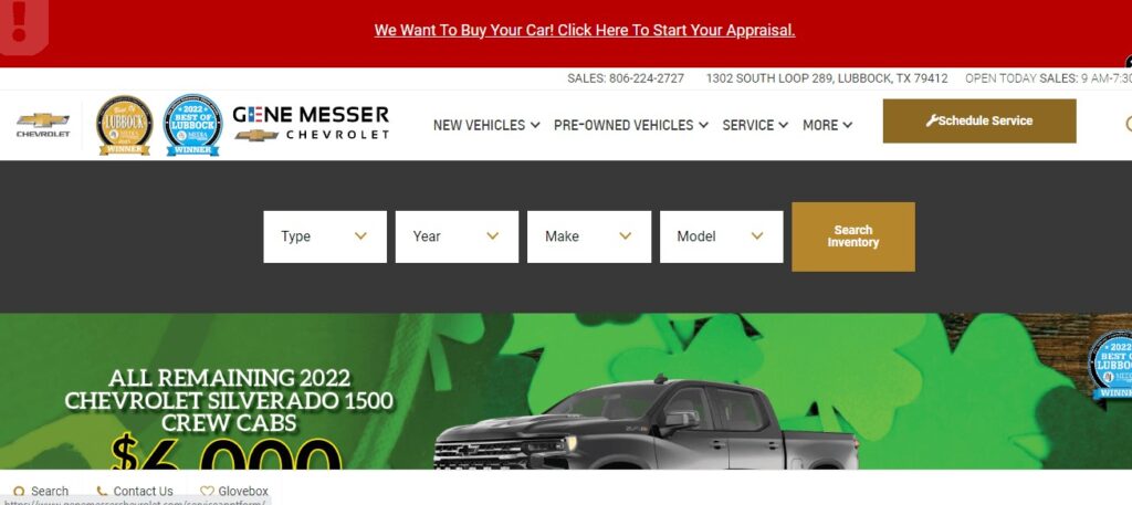 Homepage of Gene Messer Chevrolet Car Dealership
Link: https://www.genemesserchevrolet.com/