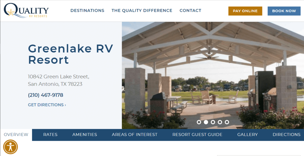 Homepage of Greenlake RV Resort / https://www.qualityrvresorts.com/destinations/san-antonio/greenlake-rv-resort/