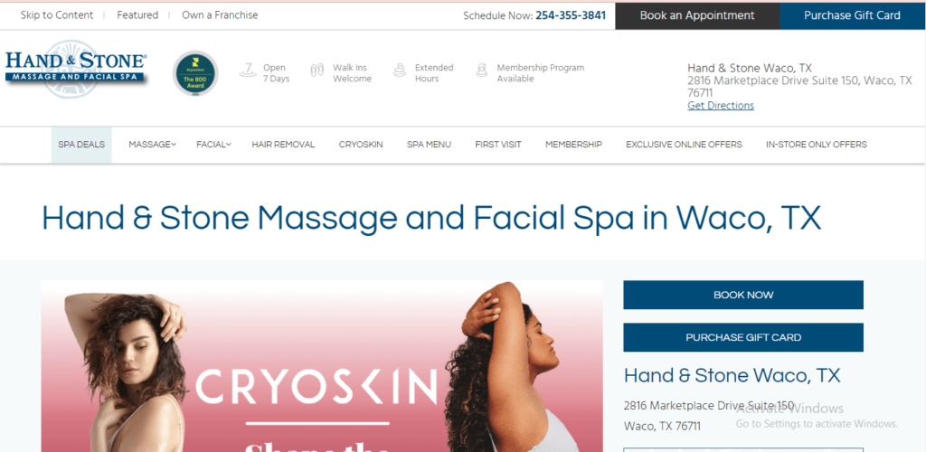 Homepage of Hand & Stone Massage and Facial Spa's website / handandstonewaco.com