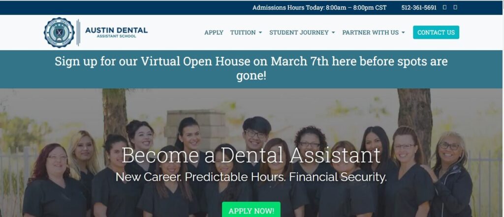 Home page of Austin Dental Assistant School
Link: https://austindentalassistantschool.com/
