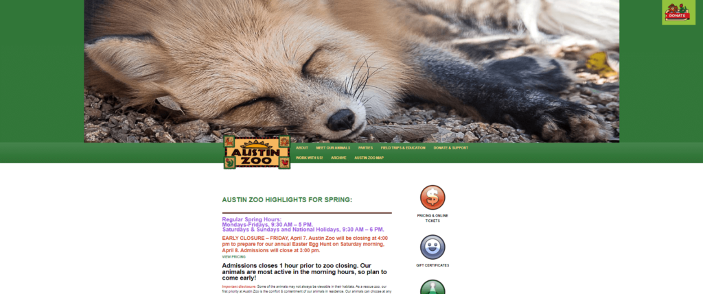 Homepage of Austin Zoo / austinzoo.org
