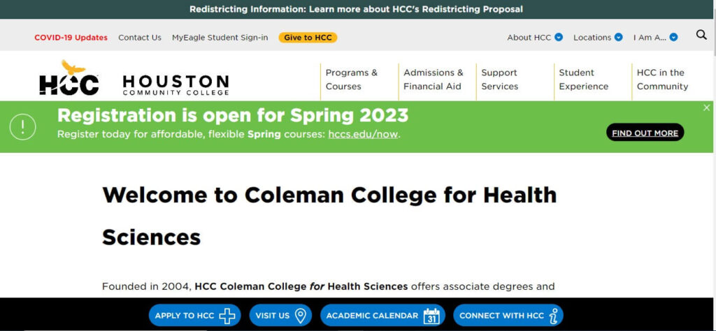 Homepage of Coleman College for Health Sciences
Link: https://www.hccs.edu/locations/coleman-college/