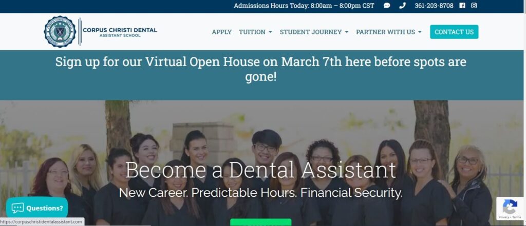Homepage of  Corpus Christi Dental Assistant School
Link: https://corpuschristidentalassistant.com/