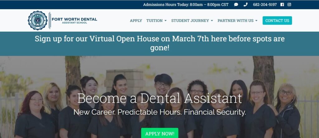 Homepage of Fort Worth Dental Assistant School
Link: https://fortworthdentalassistant.com/