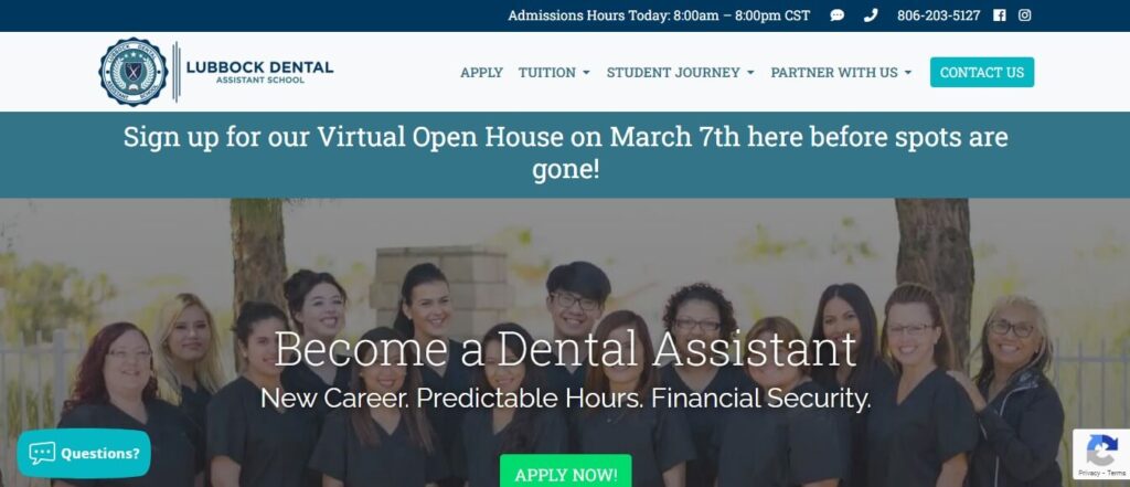 Homepage of Lubbock Dental Assisting School
Link: https://lubbockdentalassistantschool.com/