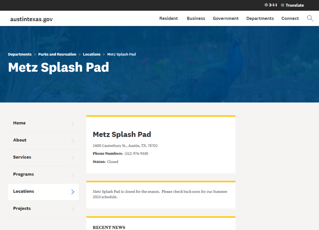 Homepage of Austin Texas (Metz Splash Pad) / austintexas.gov