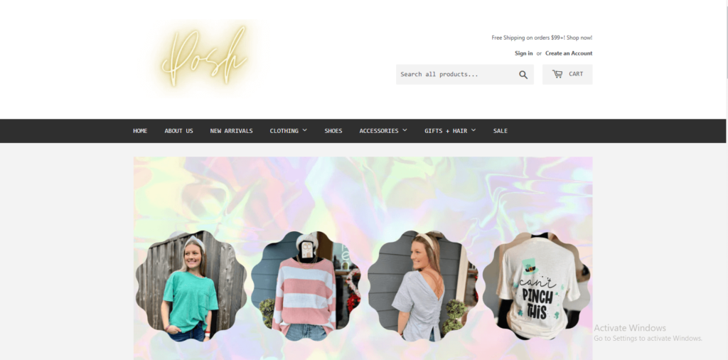 Homepage of POSH salon and boutique's website  poshsalonboutique.com