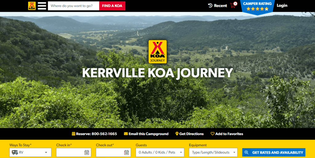 Homepage of Kerrville KOA Journey / https://koa.com/campgrounds/kerrville/