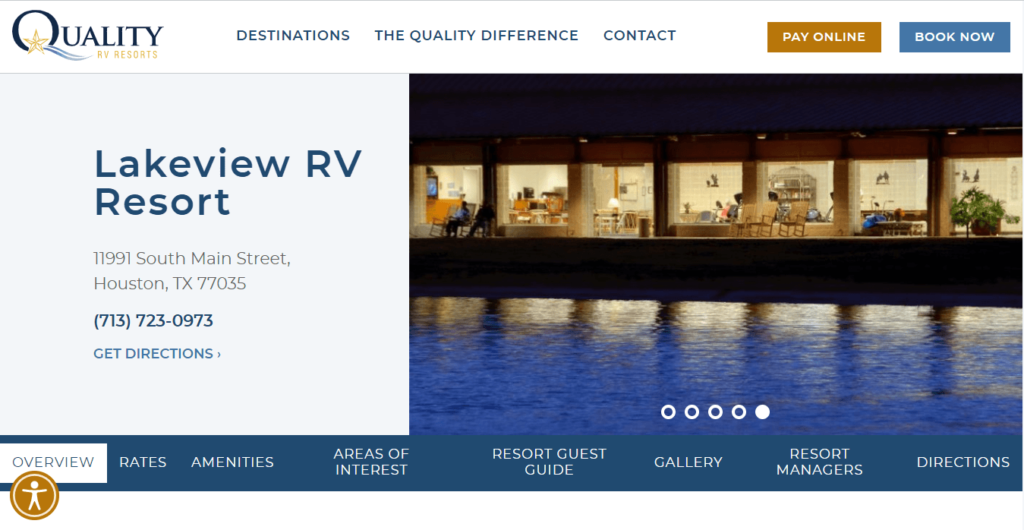 Homepage of Lakeview RV Resort / https://www.qualityrvresorts.com/destinations/houston/lakeview-rv-resort/