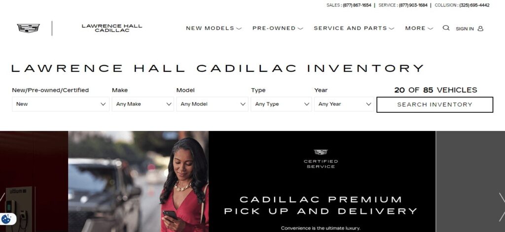 Homepage of Lawrence Hall Cadillac dealership
Link:  https://www.lawrencehallcadillac.com/