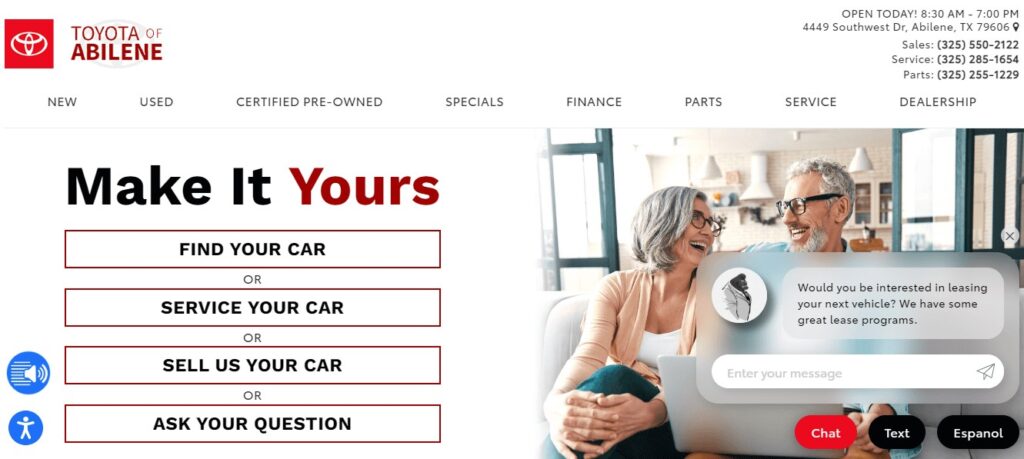 Homepage of Lithia Toyota of Abilene Dealership
Link: https://www.toyotaabilene.com/