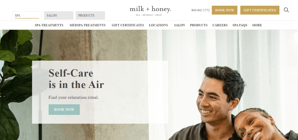 Homepage of Milk + Honey Spa's website / milkandhoneyspa.com