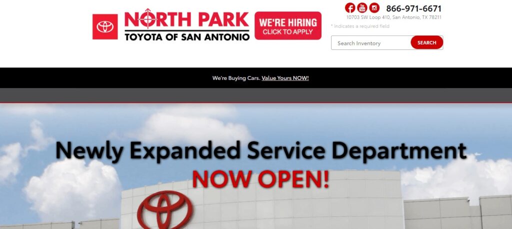 Homepage of North Park Toyota of San Antonio website / Link: https://www.northparktoyota.com/