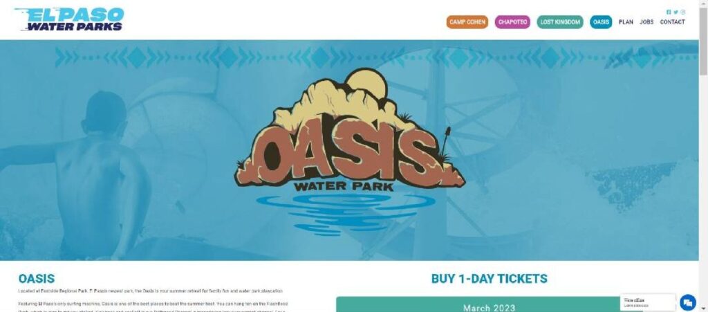 Homepage of Oasis Waterpark website
Link: https://epwaterparks.com/oasis