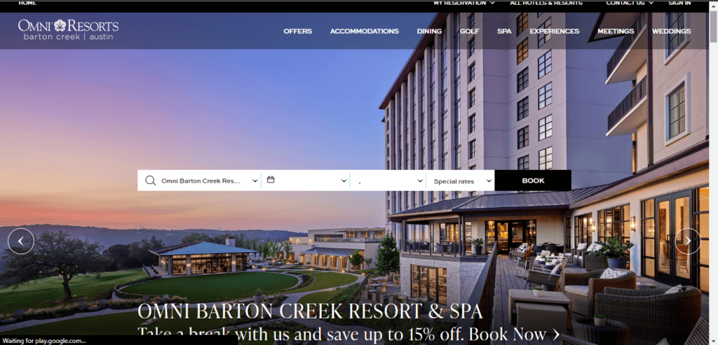 Homepage of Omni Barton Creek Resort & Spa 
Link: https://www.omnihotels.com/hotels/austin-barton-creek?utm_source=gmblisting&utm_medium=organic