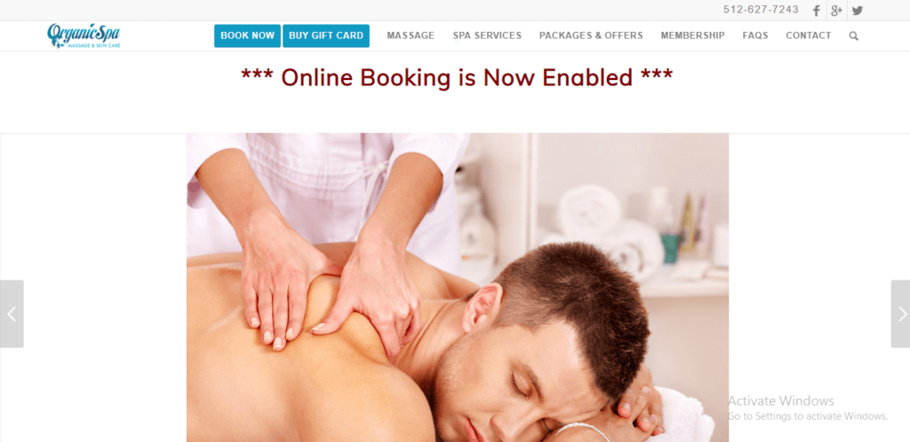 Homepage of Organic Spa Skincare and Massage's website / organicspamassage.com