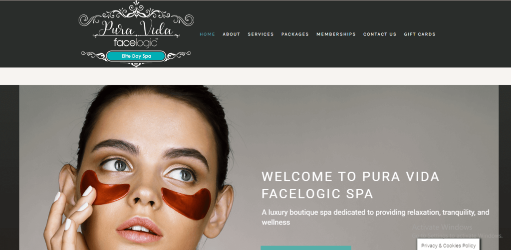 Homepage of Pura Vida Facelogic Spa's website / puravidafacelogic.com