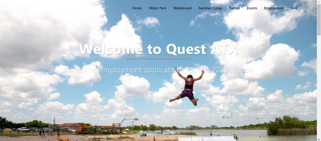 Homepage of Quest ATX Waterpark website
Link: https://questatx.com/