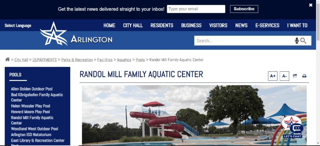Homepage of the city of Arlington website
Link: https://www.arlingtontx.gov/city_hall/departments/parks_recreation/facilities/aquatics/pools/randol_mill_family_aquatic_center