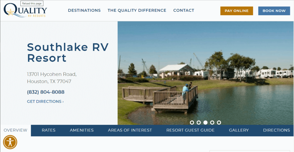 Homepage of Southlake RV Resort / https://www.qualityrvresorts.com/destinations/houston/southlake-rv-resort/