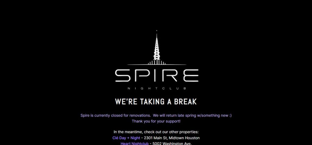 Spire Nightclub Houston Website Homepage

Link: https://thespireclub.com/