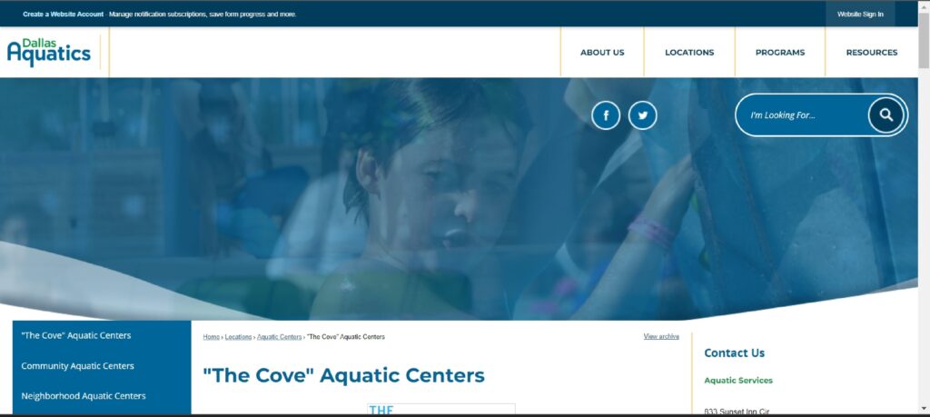 Homepage of Dallas Aquatics website
Link: https://dallasaquatics.org/178/The-Cove-Aquatic-Centers