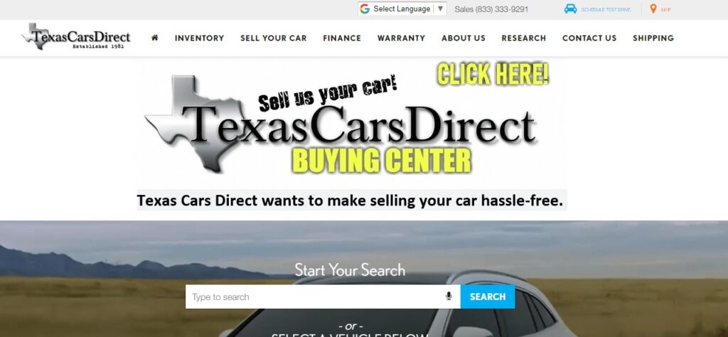 Home page of Texas Car direct dealership
Link: https://www.texascarsdirect.com/