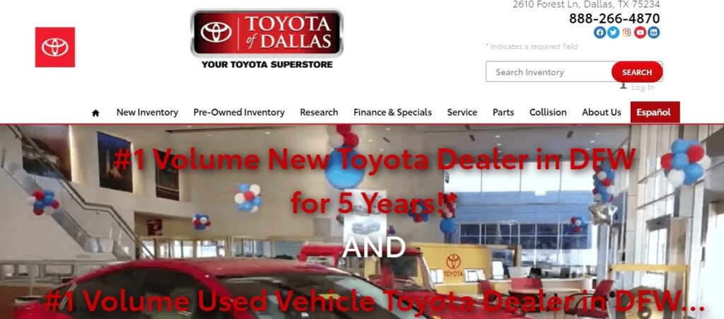 Homepage of Toyota of Dallas car Dealership
Link: https://www.toyotaofdallas.com/