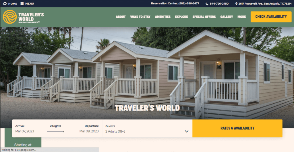 Homepage of Traveller's World Resort / https://www.sunoutdoors.com/texas/travelers-world?utm_source=google&utm_medium=local&utm_campaign=yext