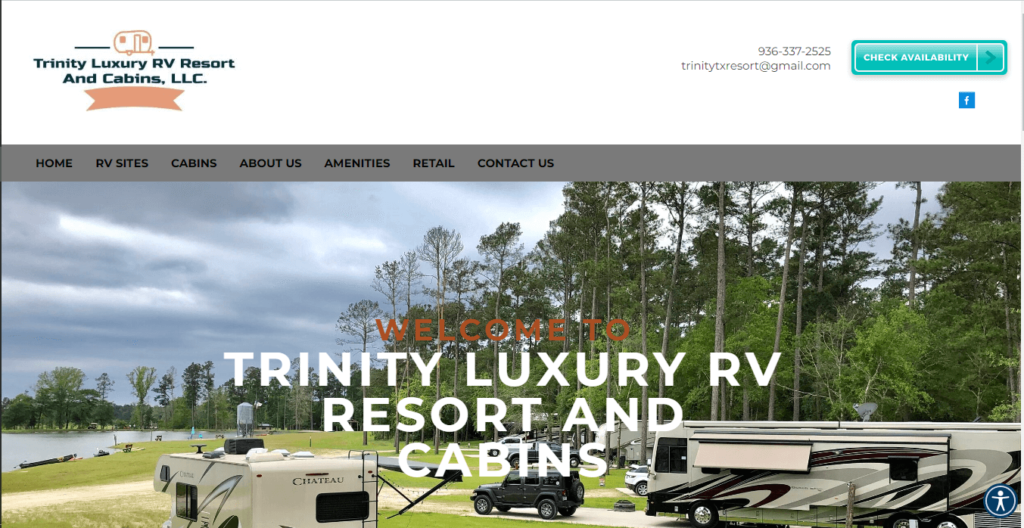 Homepage of Trinity Luxury RV Resort and Cabins / https://www.trinitytxresort.com