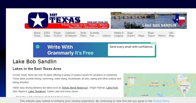 Homepage of Lake Bob Sandlin / Link: https://www.east-texas.com/lake-bob-sandlin.htm