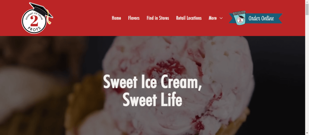 Homepage of 2 Prof's Gourmet Ice Cream / 2profsicecream.com.