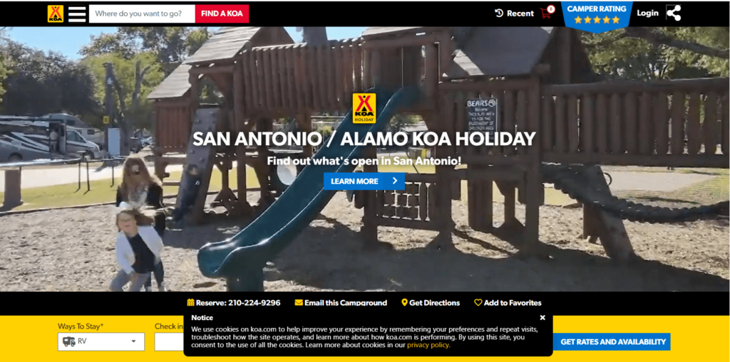 Homepage of Alamo KOA 
Link: https://koa.com/campgrounds/san-antonio/