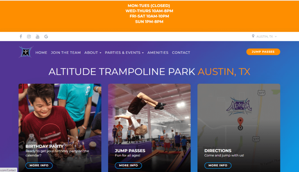 Homepage of Altitude Trampoline Austin 
Link: https://altitudeaustin.com/ 
