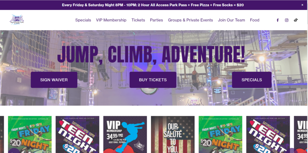 Homepage of Altitude Trampoline Park, San Antonio /
Link:
https://www.altitudesa.com/