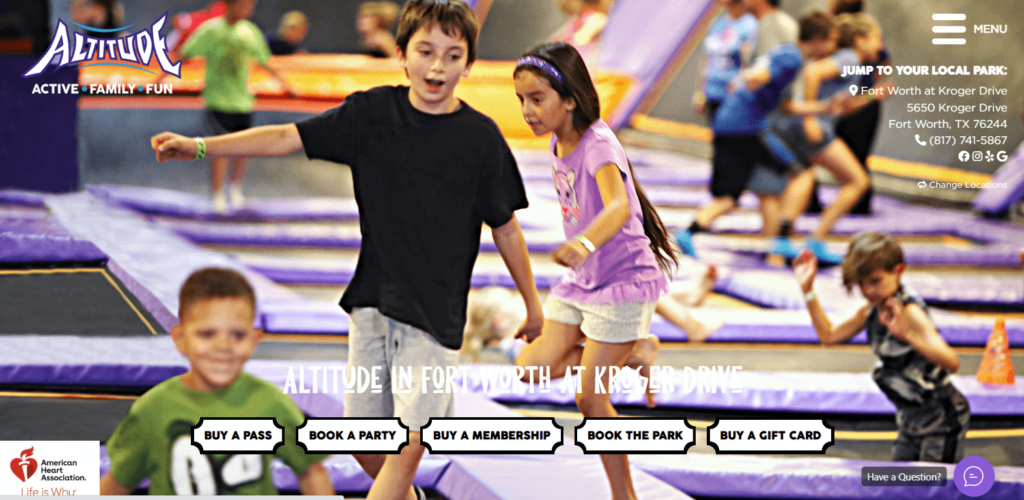 Homepage of Altitude Trampoline Park Fort Worth 
Link: https://www.altitudetrampolinepark.com/locations/fort-worth