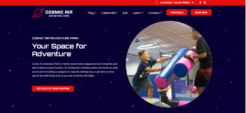 Homepage of Cosmic Air Trampoline & Adventure Park 
Link:
 https://cosmicairpark.com/