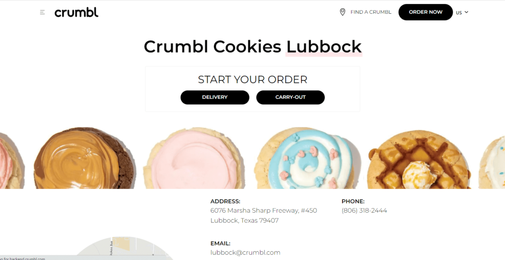 Homepage of Crumbl Cookies – Lubbock Link: https://crumblcookies.com/lubbock